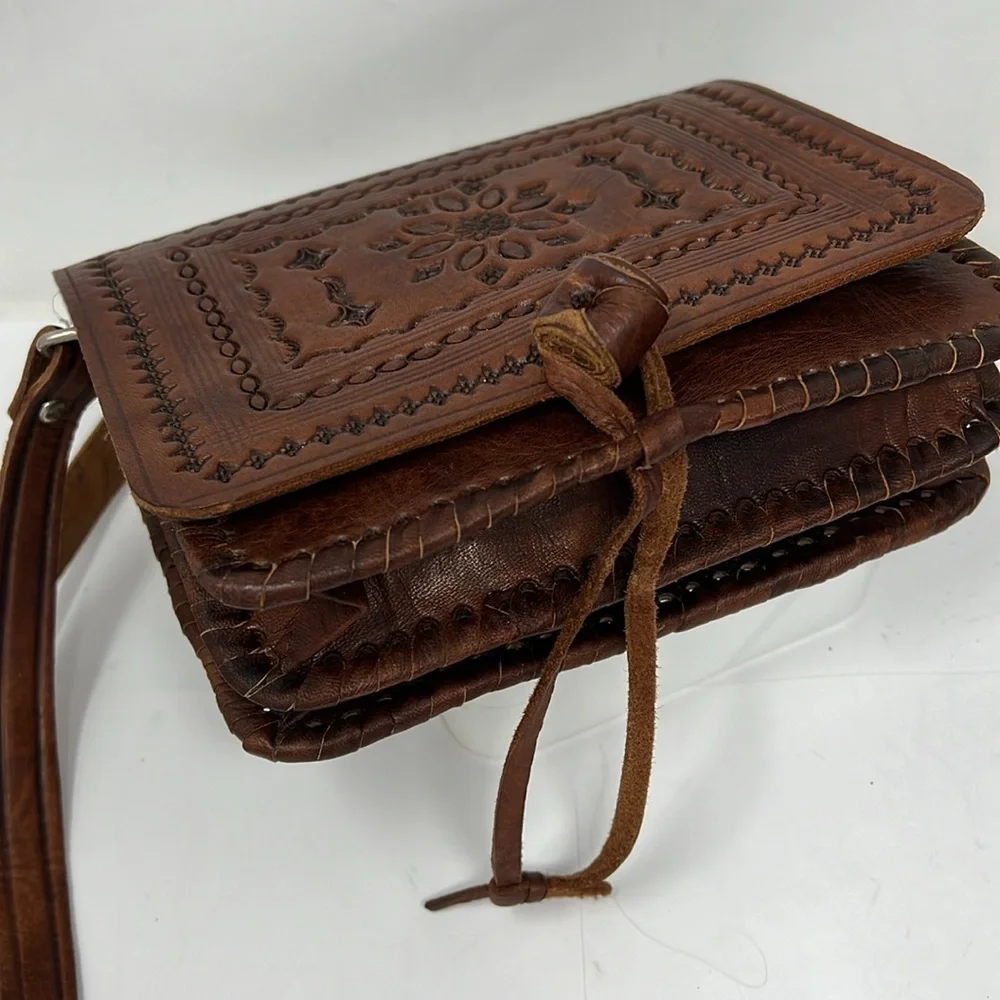 Morocco Sahara Bohemian Hand Tooled Leather Double Compartment Crossbody Bag